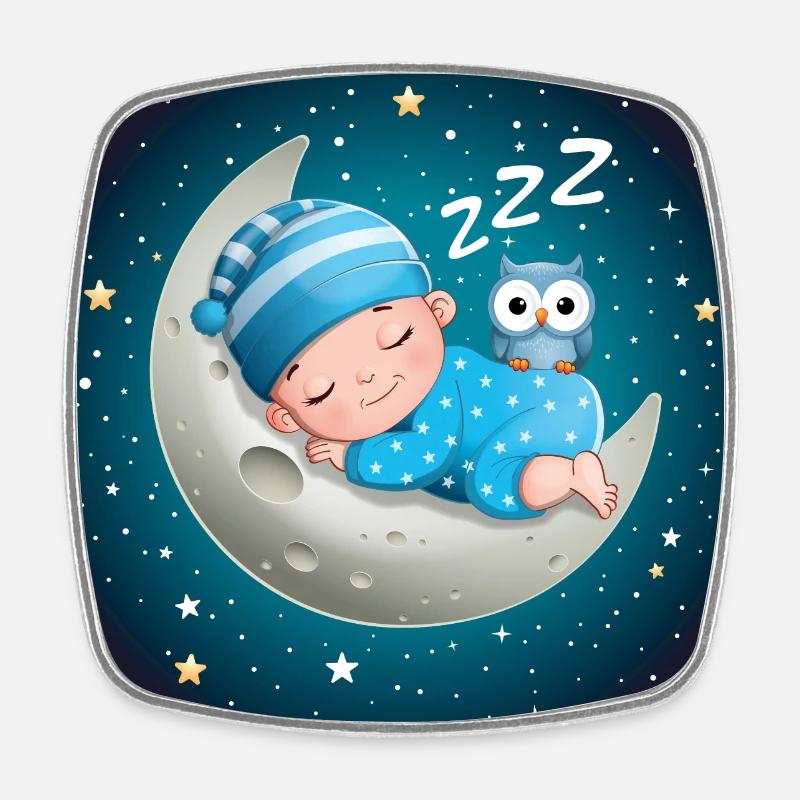 Schlafender Junge auf dem Mond mit einer Eule. - Viereckiger Kühlschrankmagnet - Weiß