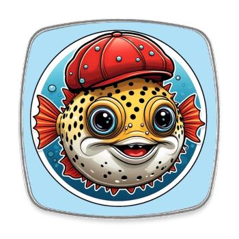 Lustiger Kugelfisch mit roter Basecap - Viereckiger Kühlschrankmagnet - Weiß - Vorne