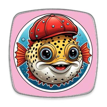 Drôle de poisson-globe avec casquette de baseball rouge - Magnet carré - blanc - Devant