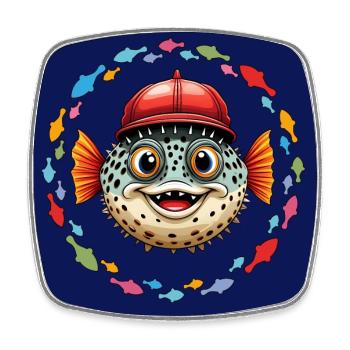 Poisson-globe avec casquette de baseball rouge et poisson coloré - Magnet carré - blanc - Devant