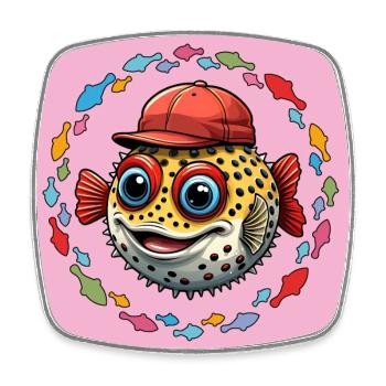 Kugelfisch mit roter Basecap und bunten Fischen - Viereckiger Kühlschrankmagnet - Weiß - Vorne