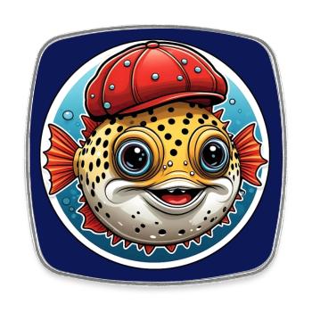 Lustiger Kugelfisch mit roter Basecap - Viereckiger Kühlschrankmagnet - Weiß - Vorne
