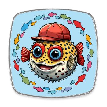 Kugelfisch mit roter Basecap und bunten Fischen - Viereckiger Kühlschrankmagnet - Weiß - Vorne