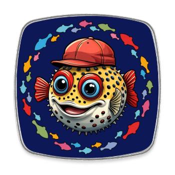 Kugelfisch mit roter Basecap und bunten Fischen - Viereckiger Kühlschrankmagnet - Weiß - Vorne