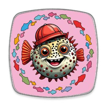 Kugelfisch mit roter Basecap und bunten Fischen - Viereckiger Kühlschrankmagnet - Weiß - Vorne