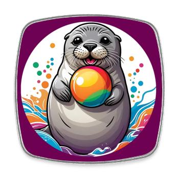 Laughing seal seal with colorful ball - Square fridge magnet - white - Front