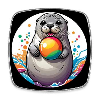 Laughing seal seal with colorful ball - Square fridge magnet - white - Front
