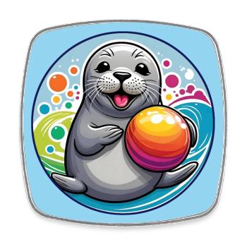 Laughing seal seal with colorful ball - Square fridge magnet - white - Front