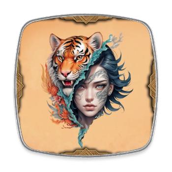 Der Tiger und die Frau, Kraft und Anmut. - Viereckiger Kühlschrankmagnet - Weiß - Vorne