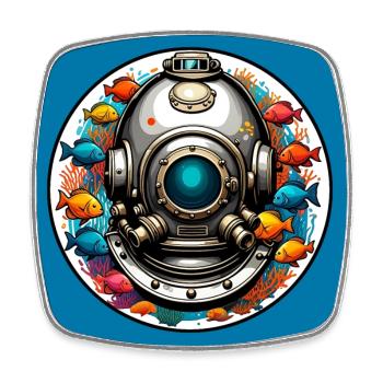 Diving helmet with fish on the bottom of the sea - Square fridge magnet - white - Front