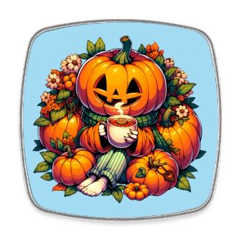 Citrouille d’Halloween avec écharpe boire du thé - Magnet carré - blanc - Devant