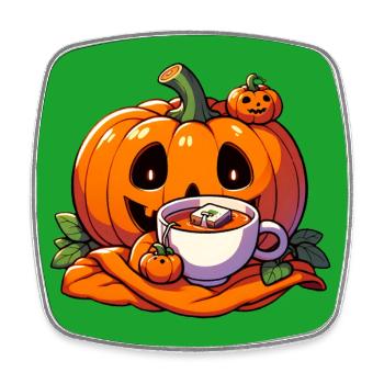 La citrouille d’Halloween boit une tasse de thé - Magnet carré - blanc - Devant