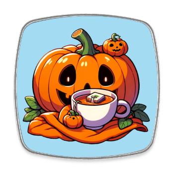 La citrouille d’Halloween boit une tasse de thé - Magnet carré - blanc - Devant