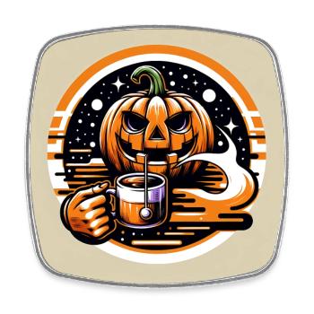 Spooky Halloween Kürbis mit Teetasse - Viereckiger Kühlschrankmagnet - Weiß - Vorne