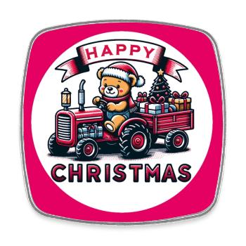 Teddy als Weihnachtsmann mit Traktor - Viereckiger Kühlschrankmagnet - Weiß - Vorne