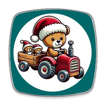 Teddy als Weihnachtsmann mit Traktor und Hänger - Viereckiger Kühlschrankmagnet - Weiß - Vorne