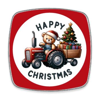 Teddy als Weihnachtsmann mit Traktor - Viereckiger Kühlschrankmagnet - Weiß - Vorne