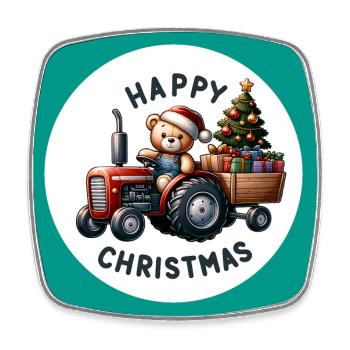 Teddy als Weihnachtsmann mit Traktor - Viereckiger Kühlschrankmagnet - Weiß - Vorne