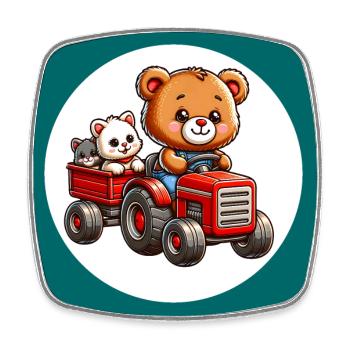 Teddy bear and kitten driving tractor with trailer - Square fridge magnet - white - Front