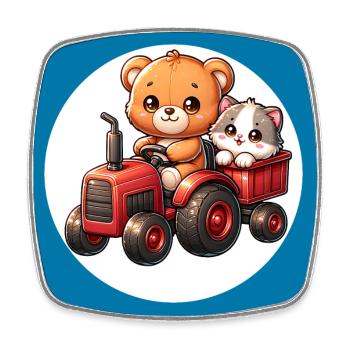 Teddy bear and kitten driving tractor with trailer - Square fridge magnet - white - Front