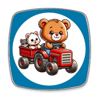 Teddy bear and kitten driving tractor with trailer - Square fridge magnet - white - Front