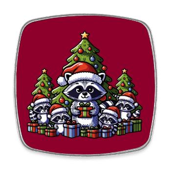 Raccoon family with Christmas tree and gifts - Square fridge magnet - white - Front