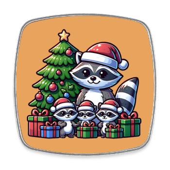 Raccoon family with Christmas tree and gifts - Square fridge magnet - white - Front
