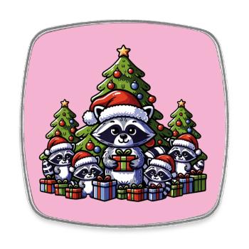 Raccoon family with Christmas tree and gifts - Square fridge magnet - white - Front