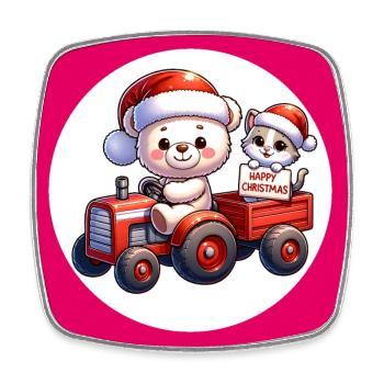 Teddy bear and kitten driving tractor with trailer - Square fridge magnet - white - Front