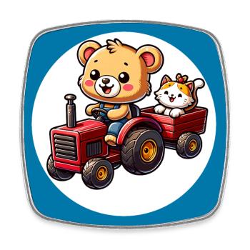 Teddy bear and kitten driving tractor with trailer - Square fridge magnet - white - Front