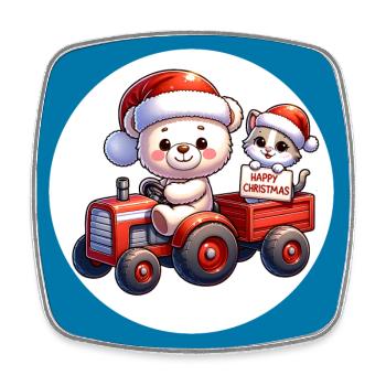 Teddy bear and kitten driving tractor with trailer - Square fridge magnet - white - Front