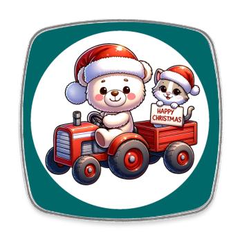 Teddy bear and kitten driving tractor with trailer - Square fridge magnet - white - Front