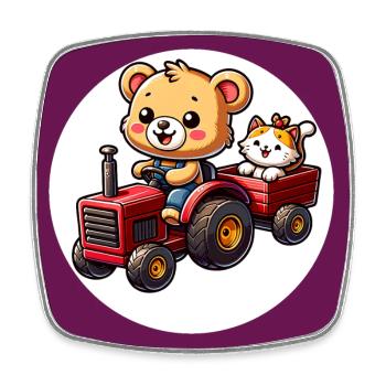 Little teddy bear rides with cute cat with tractor - Square fridge magnet - white - Front