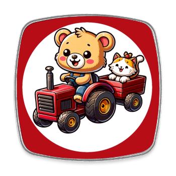 Little teddy bear rides with cute cat with tractor - Square fridge magnet - white - Front