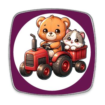 Little teddy bear rides with cute cat with tractor - Square fridge magnet - white - Front