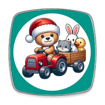 Christmas tractor with teddy bear, rabbit, cat, duck - Square fridge magnet - white - Front