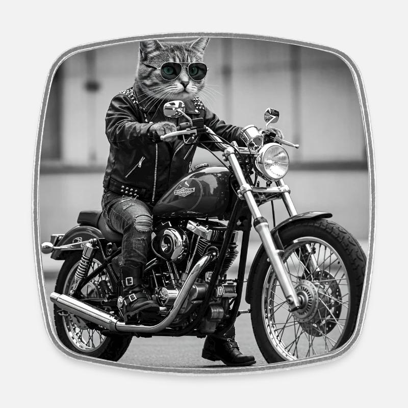 Chat Motard Rock : Design Cool et Original - Magnet carré - blanc