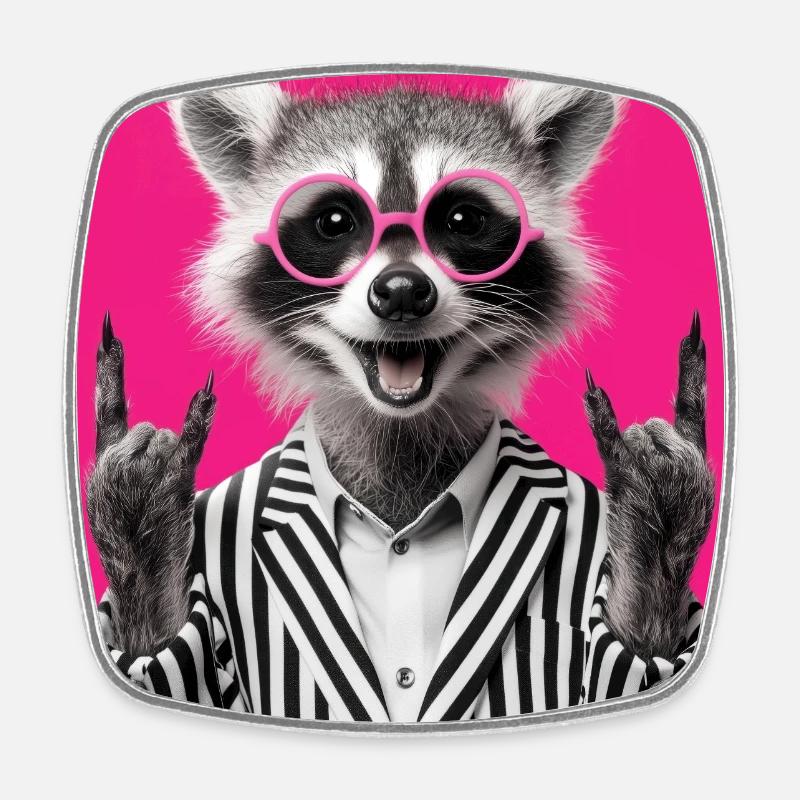 Waschbär mit Doppel Rock Handgeste - Viereckiger Kühlschrankmagnet - Weiß