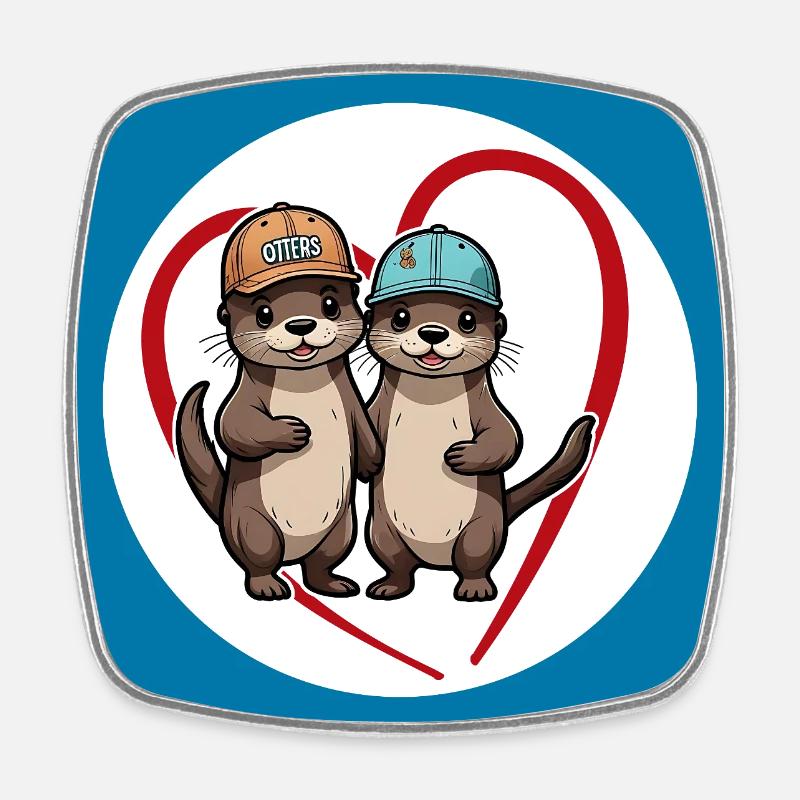 Two otters with baseball caps, buddies and friends - Square fridge magnet - white