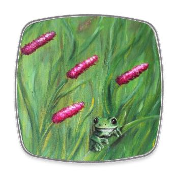 Grenouille verte parmi les pollens roses Oeuvre - Magnet carré - blanc - Devant