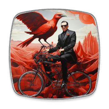Man Surreal Bicycle with red bird and landscape - Square fridge magnet - white - Front