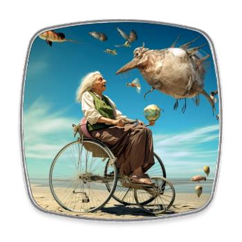 Surrealistische Traumwelt Seniorin im Rollstuhl - Viereckiger Kühlschrankmagnet - Weiß - Vorne
