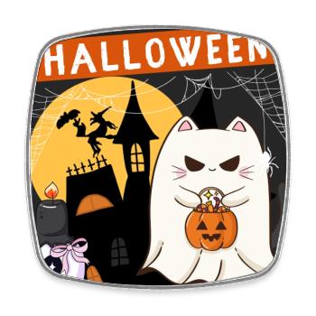 Kawaii Geisterkatze mit einem Halloween-Kürbis - Viereckiger Kühlschrankmagnet - Weiß - Vorne