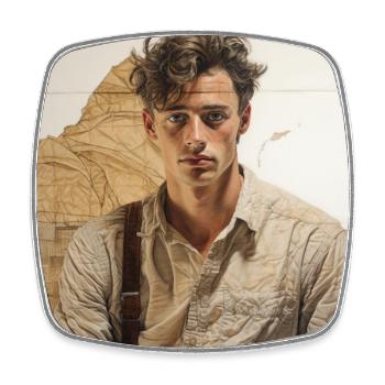 Beige portrait with leather straps - Square fridge magnet - white - Front