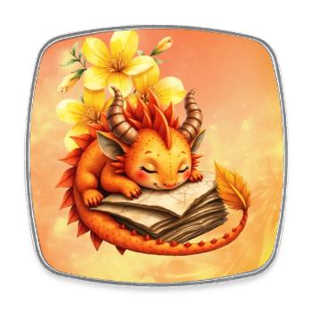 Sleepy dragon on flowered book - Square fridge magnet - white - Front