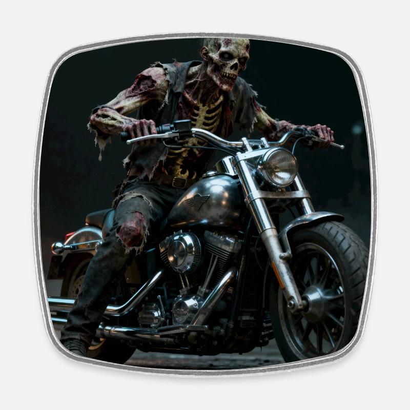 Zombie biker on motorcycle in pit light - Square fridge magnet - white