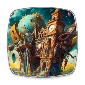 Surrealer Uhrturm und Globus - Viereckiger Kühlschrankmagnet - Weiß - Vorne