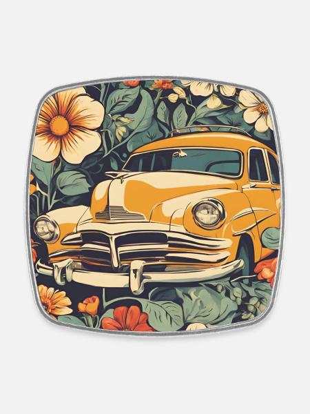 Vintage car in the flower cosmos - Square fridge magnet - white