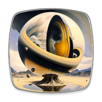 Cosmic sphere over surreal desert island - Square fridge magnet - white - Front