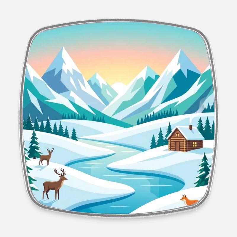 Alpine winter scenery with deer & hut - Square fridge magnet - white